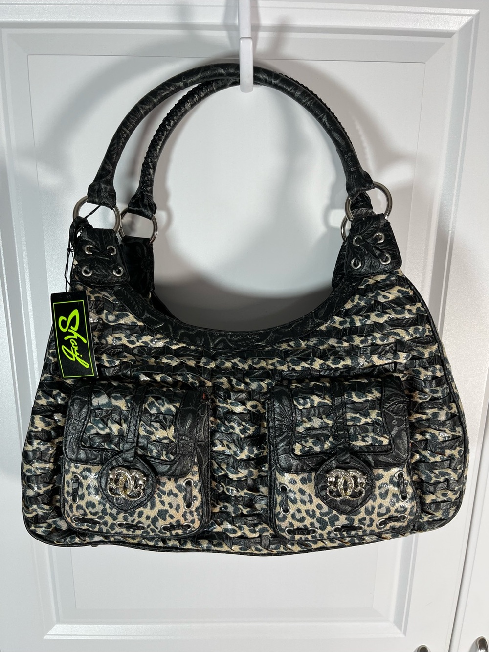 Sharif Studio Handbag Genuine Leather Leopard Woven Hobo Rhinestone NWT